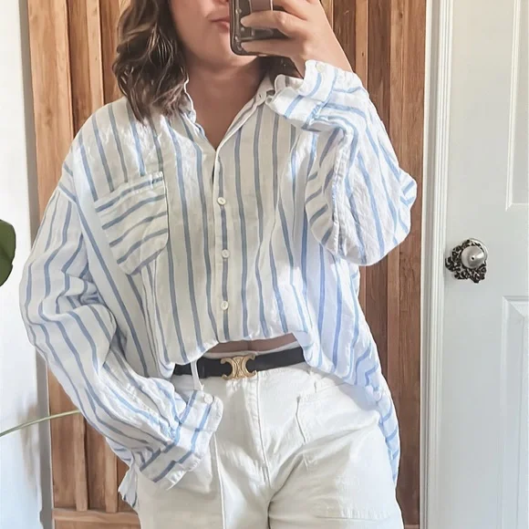J Jill Love Linen Shirt Top Blue White Long Sleeve Striped. Size XL - Picture 1 of 12